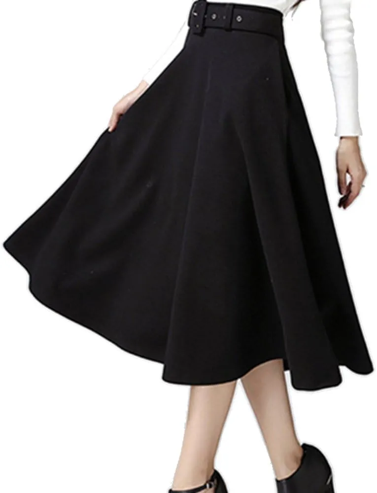 Womens Winter Warm A-Line High Waist Flare Midi Pleated Skirt with Belt