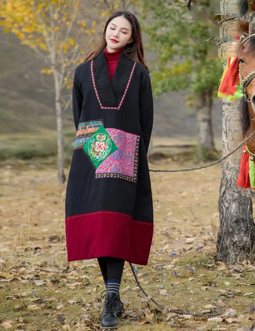 Women's Winter Warm Cotton Padded Pullover Parka Coat Long Thick Embroidered Plus Size Outwear