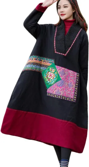 Women's Winter Warm Cotton Padded Pullover Parka Coat Long Thick Embroidered Plus Size Outwear