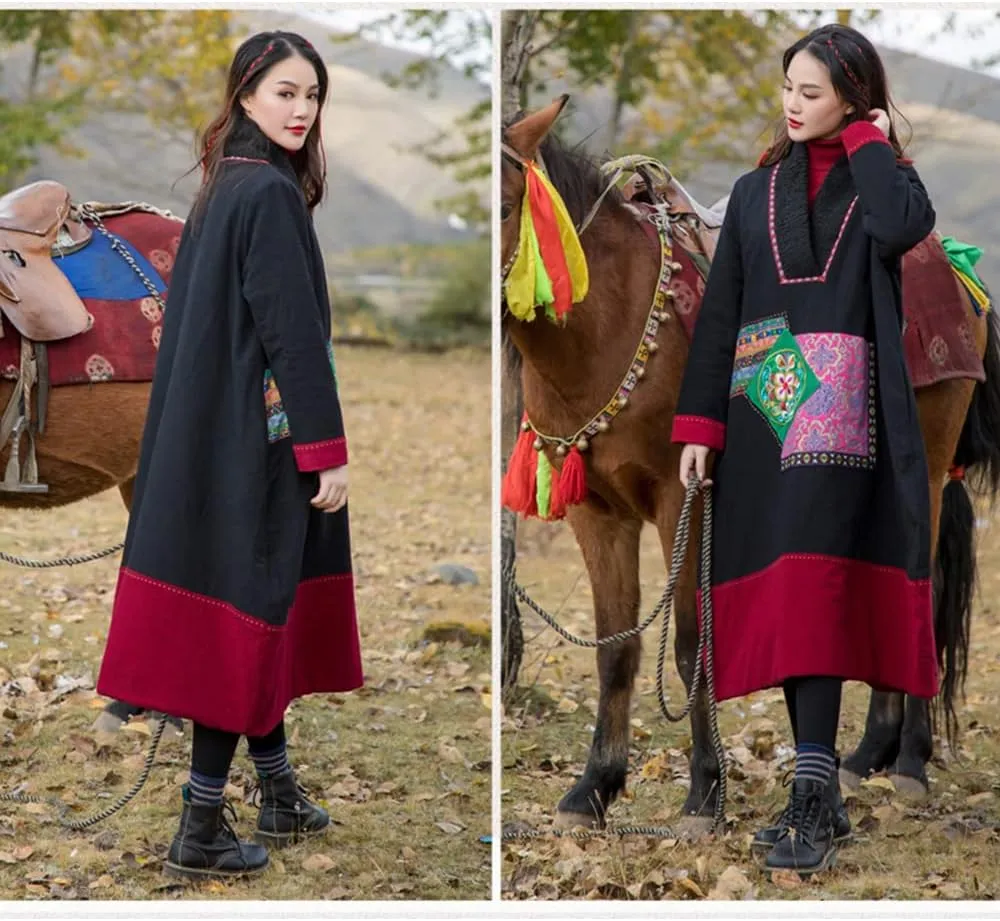 Women's Winter Warm Cotton Padded Pullover Parka Coat Long Thick Embroidered Plus Size Outwear