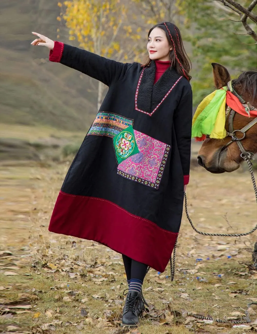 Women's Winter Warm Cotton Padded Pullover Parka Coat Long Thick Embroidered Plus Size Outwear