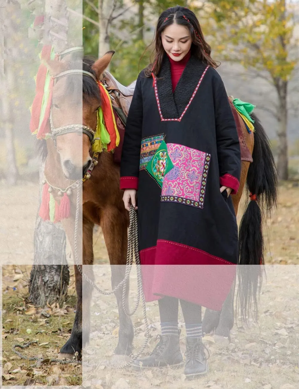 Women's Winter Warm Cotton Padded Pullover Parka Coat Long Thick Embroidered Plus Size Outwear