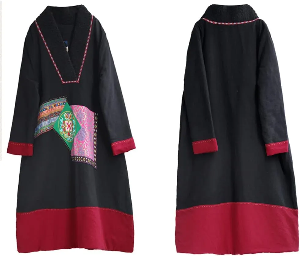 Women's Winter Warm Cotton Padded Pullover Parka Coat Long Thick Embroidered Plus Size Outwear