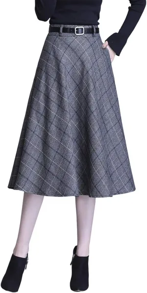 Women's Winter Wool Midi Skirt Vintage Elegant High Waist Warm Pleated Skirt Solid Color