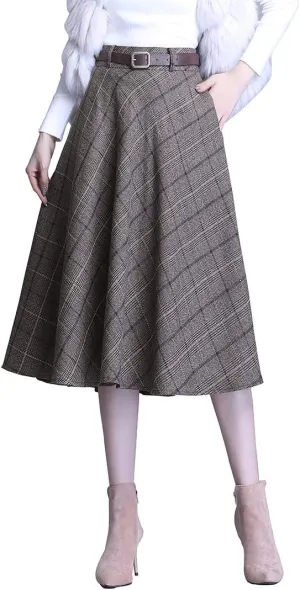 Women's Winter Wool Midi Skirt Vintage Elegant High Waist Warm Pleated Skirt Solid Color