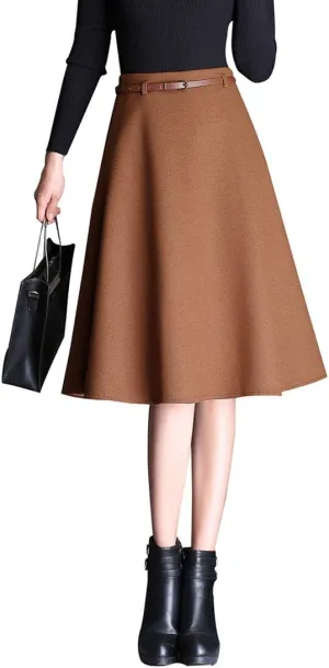 Women's Winter Wool Midi Skirt Vintage Elegant High Waist Warm Pleated Skirt Solid Color