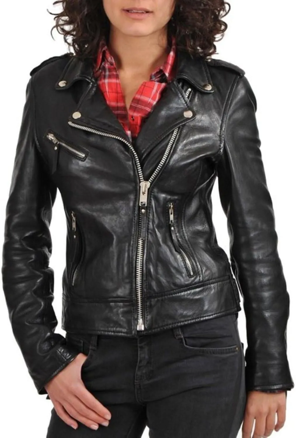 World of Leather Women's Biker Moto Lambskin Leather Jacket Racer Classic