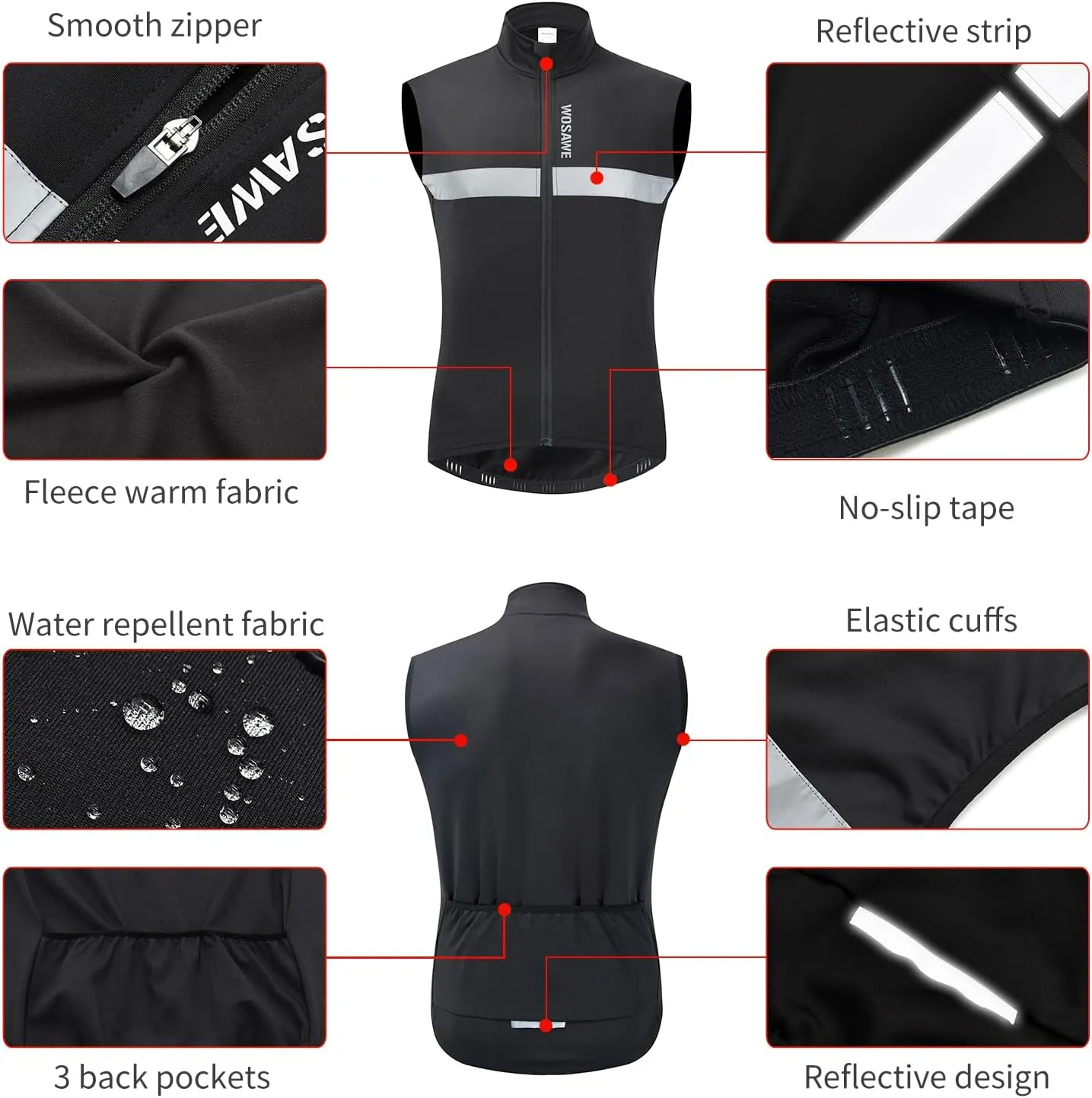 WOSAWE Men's Thermal Cycling Vest Reflective Warm Sheeveless Jacket Running Gilet for Autumn Winter