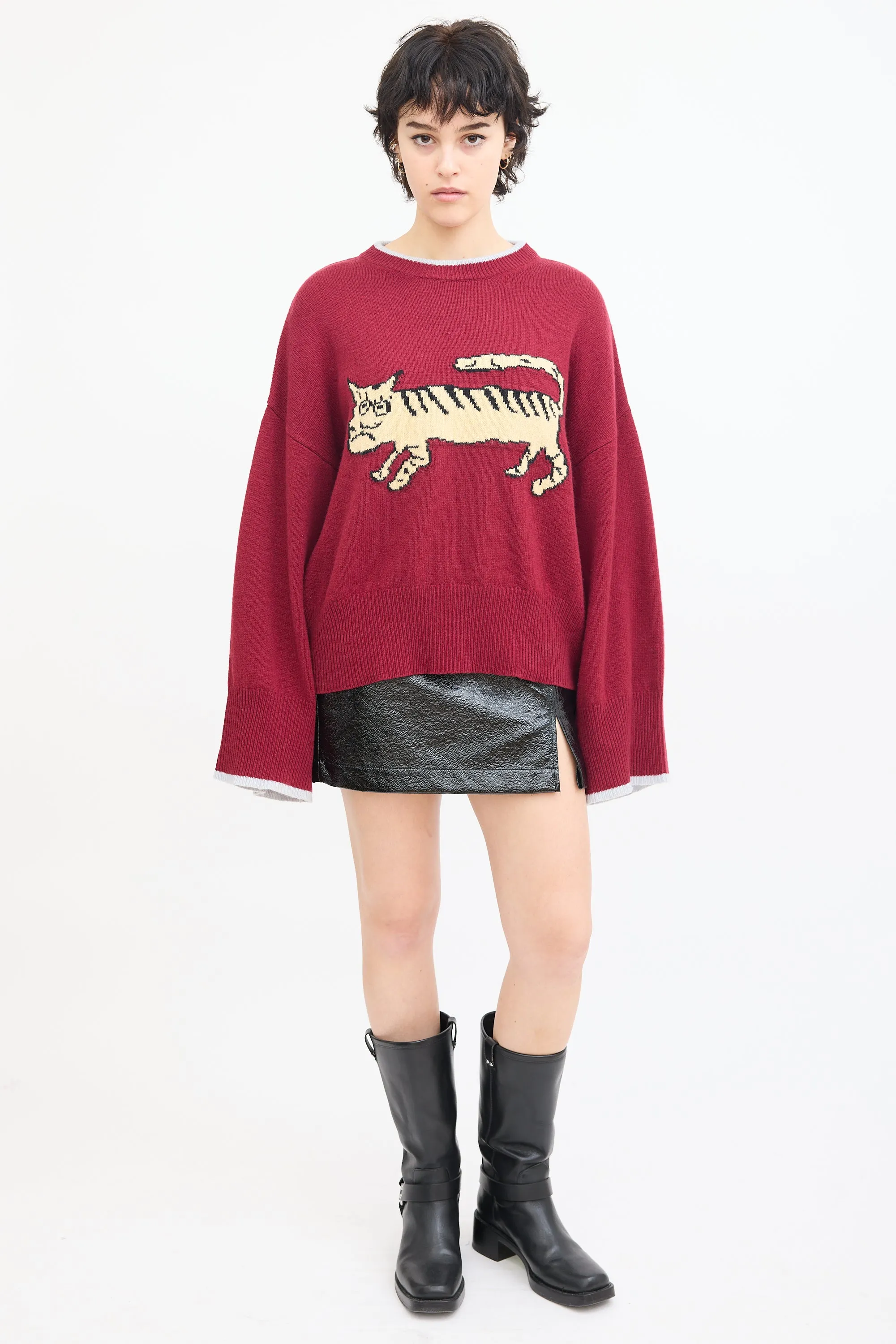 X Suarez Burgundy & Beige Wool Knit Graphic Sweater