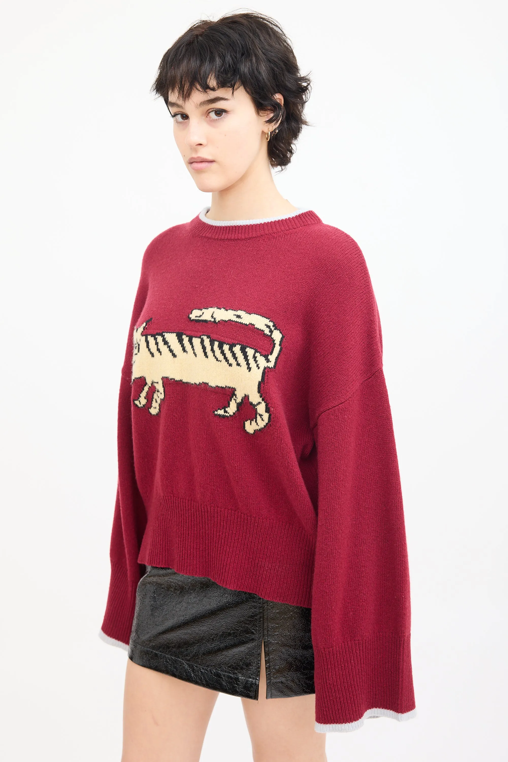 X Suarez Burgundy & Beige Wool Knit Graphic Sweater
