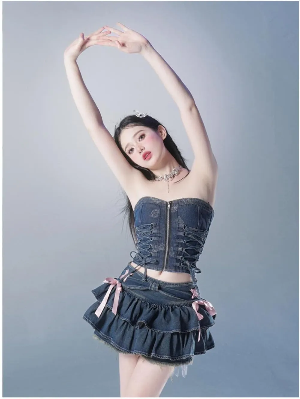 Y2K Women Ruffle Hem Blue Jean Pleated Mini Skirt - Denim Bustier Top Suit