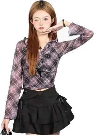 Y2K Women Ruffle Hem Blue Jean Pleated Mini Skirt - Denim Bustier Top Suit