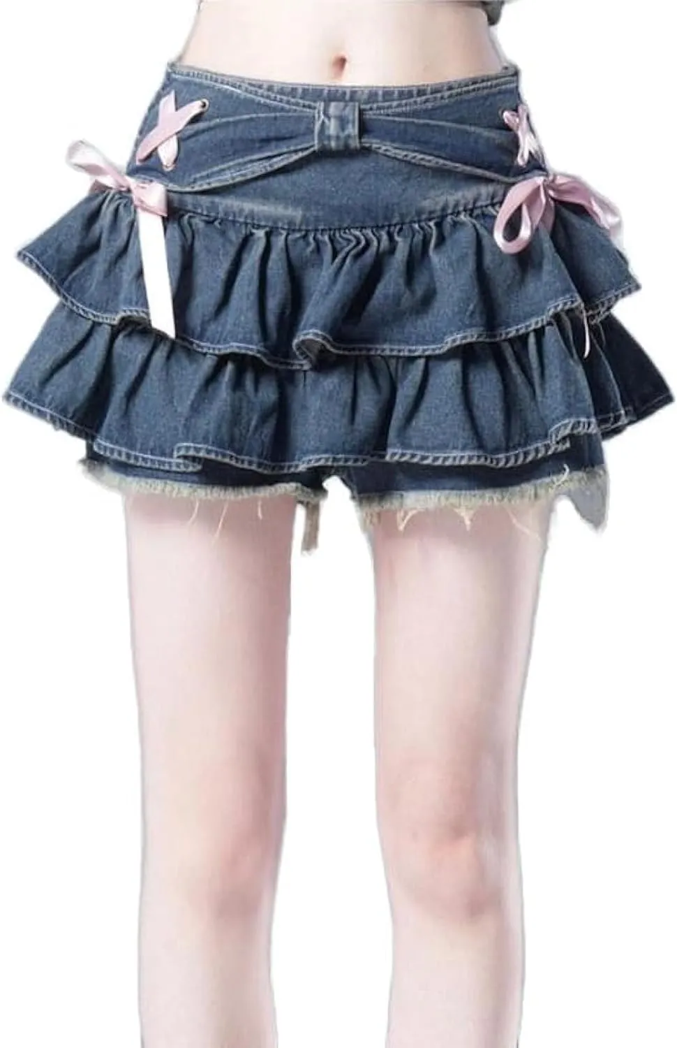 Y2K Women Ruffle Hem Blue Jean Pleated Mini Skirt - Denim Bustier Top Suit