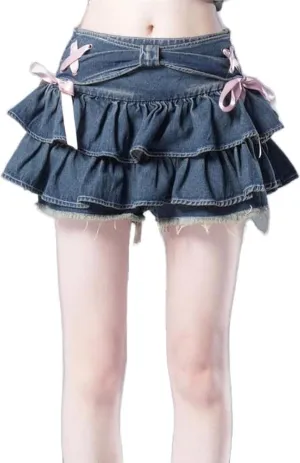 Y2K Women Ruffle Hem Blue Jean Pleated Mini Skirt - Denim Bustier Top Suit