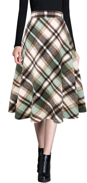 Ylingjun Womens Warm Wool Midi Skirts Winter Fall High Elastic Waist A line Flared Woolen Skirts