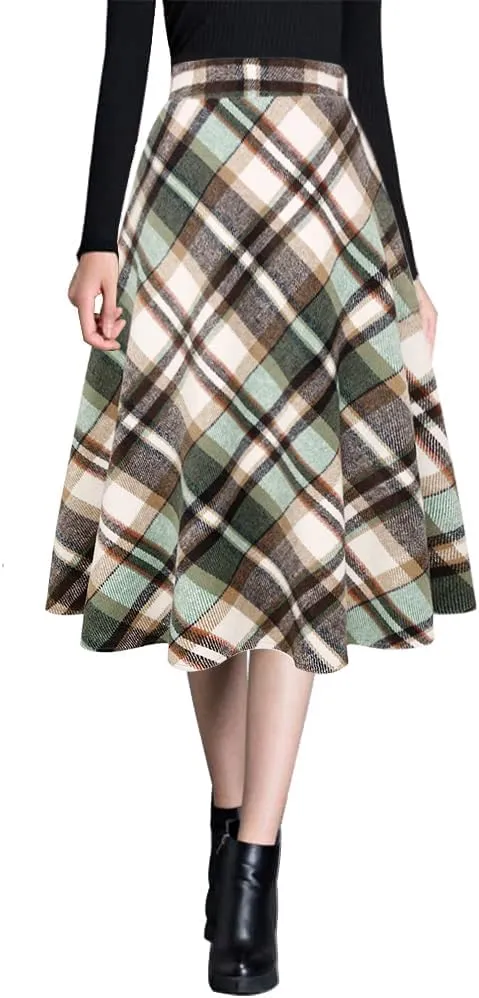 Ylingjun Womens Warm Wool Midi Skirts Winter Fall High Elastic Waist A line Flared Woolen Skirts