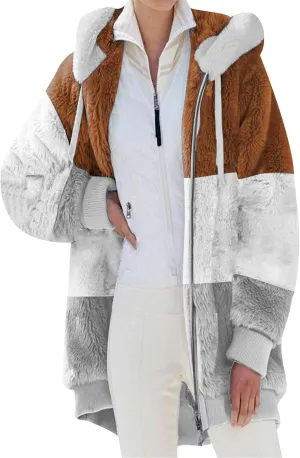 YMING Womens Winter Faux Fur Shaggy Jacket Warm Zip Up Hooded Coat Oversized Shearling Outwear with Pockets