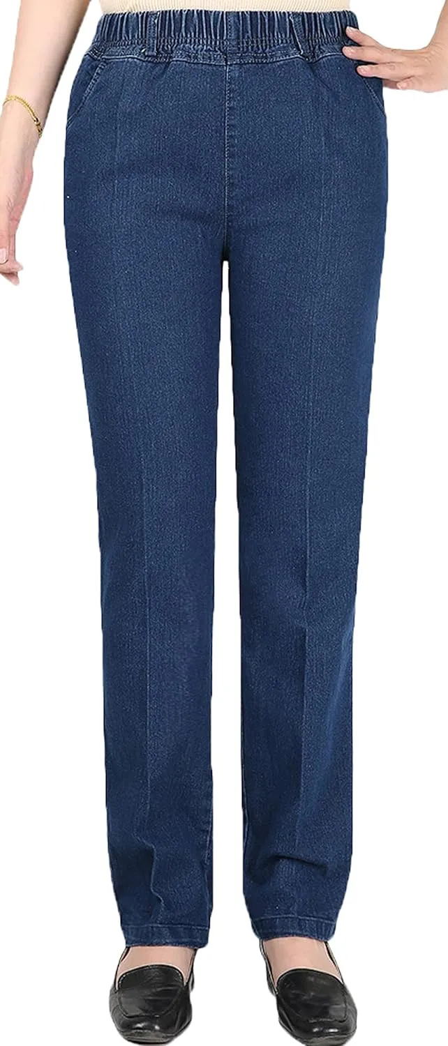 Youhan Women's Casual Pull On Elastic Waist Jeans (Medium, Classic Blue)