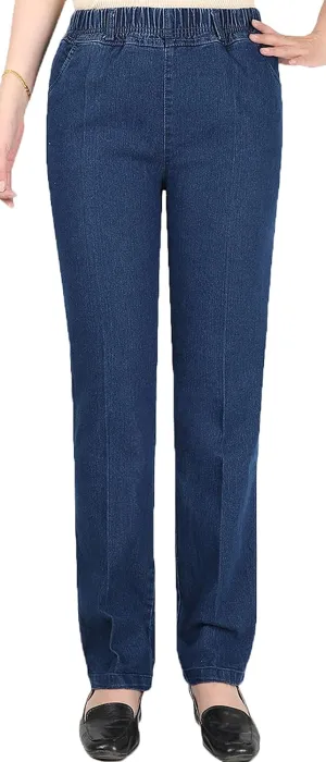 Youhan Women's Casual Pull On Elastic Waist Jeans (Medium, Classic Blue)