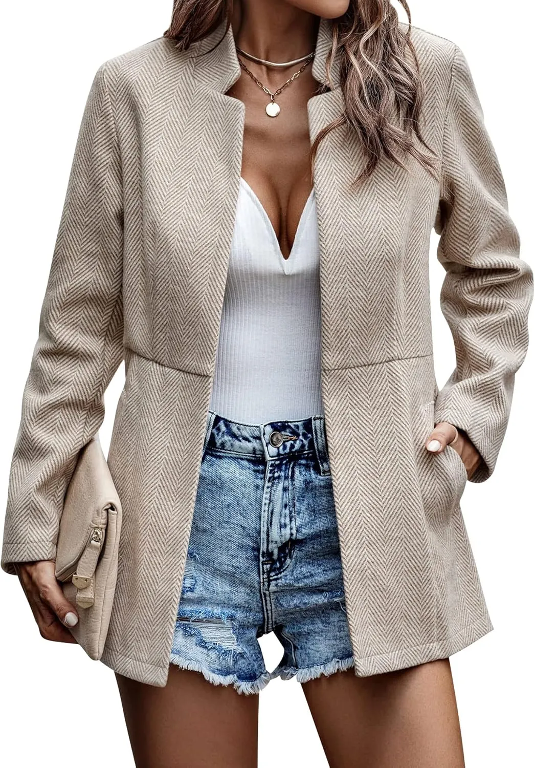 Ytfsrukp Womens Coat Casual Open Front Blazer Long Sleeve Stand Collar Solid Trench Business Work Office Jacket Outwear
