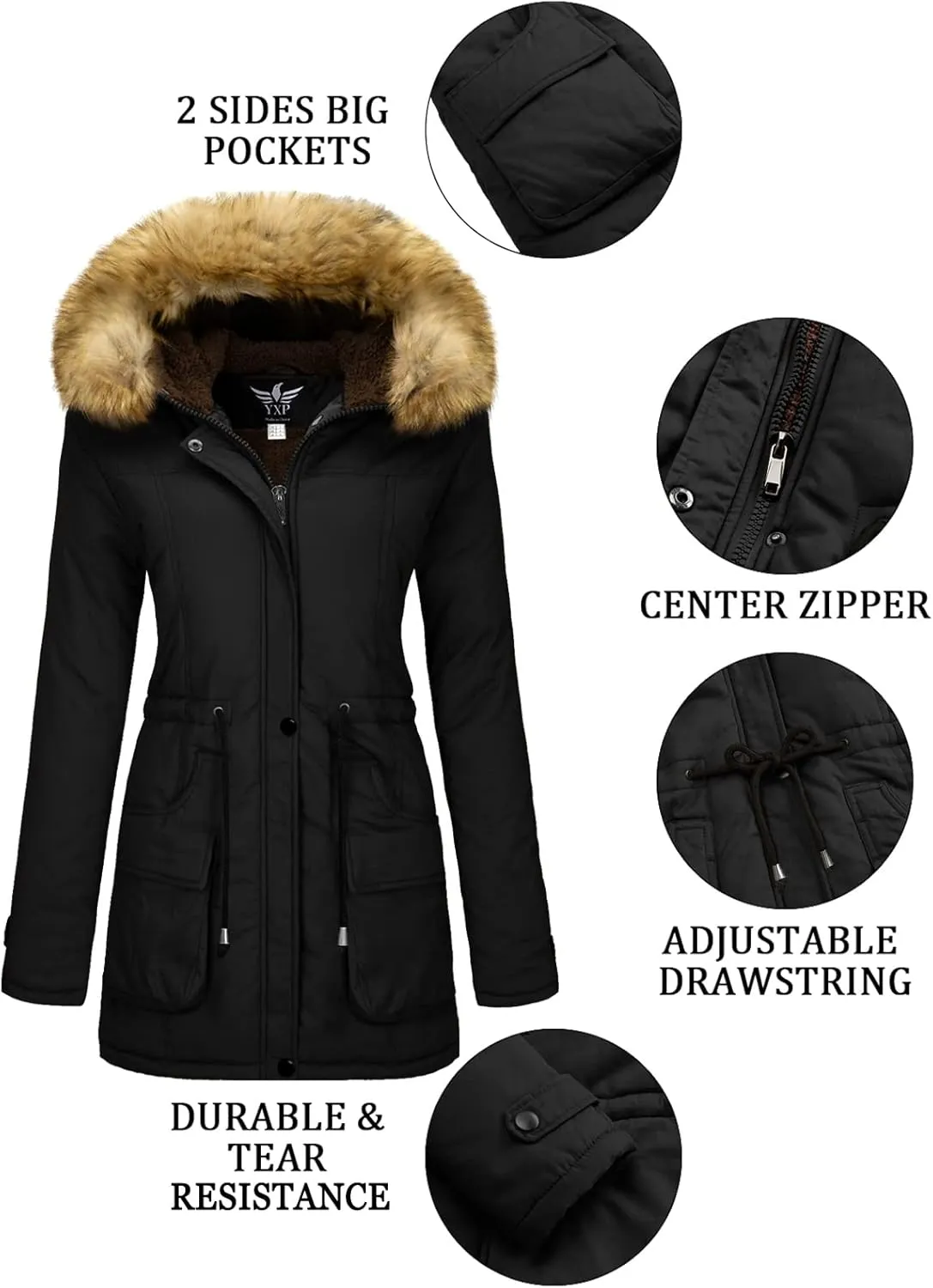 YXP Women's Winter Thicken Military Parka Jacket Warm Fleece Cotton Coat with Fur Hood