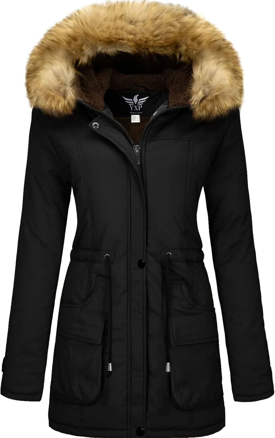 YXP Women's Winter Thicken Military Parka Jacket Warm Fleece Cotton Coat with Fur Hood
