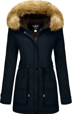 YXP Women's Winter Thicken Military Parka Jacket Warm Fleece Cotton Coat with Fur Hood