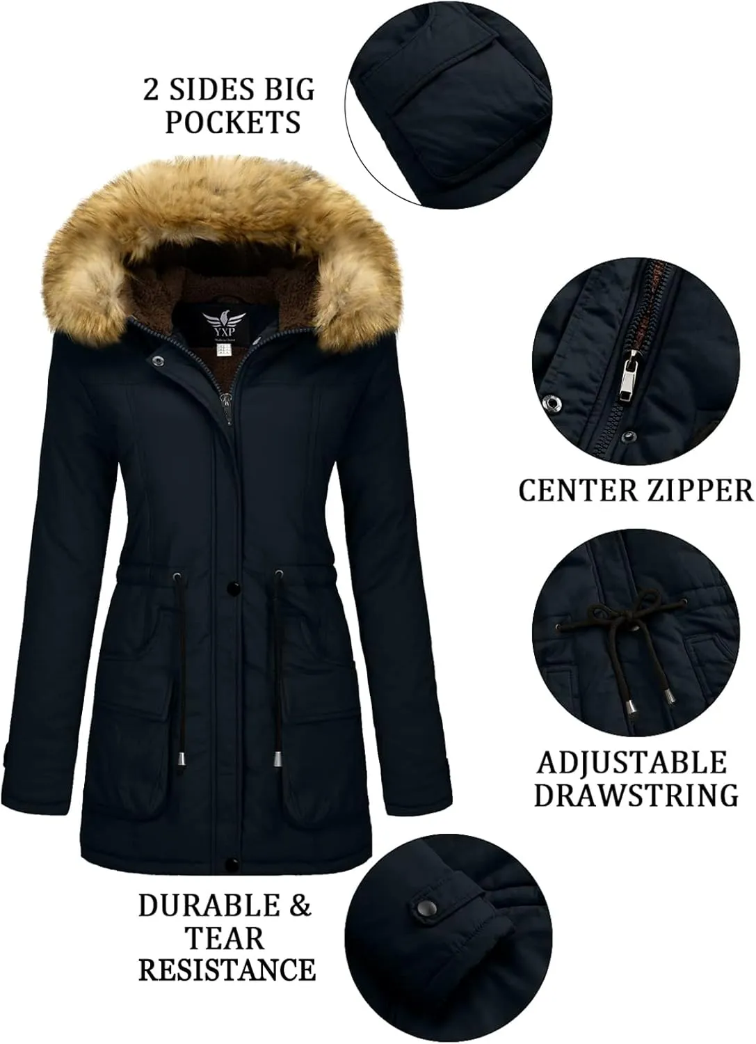 YXP Women's Winter Thicken Military Parka Jacket Warm Fleece Cotton Coat with Fur Hood