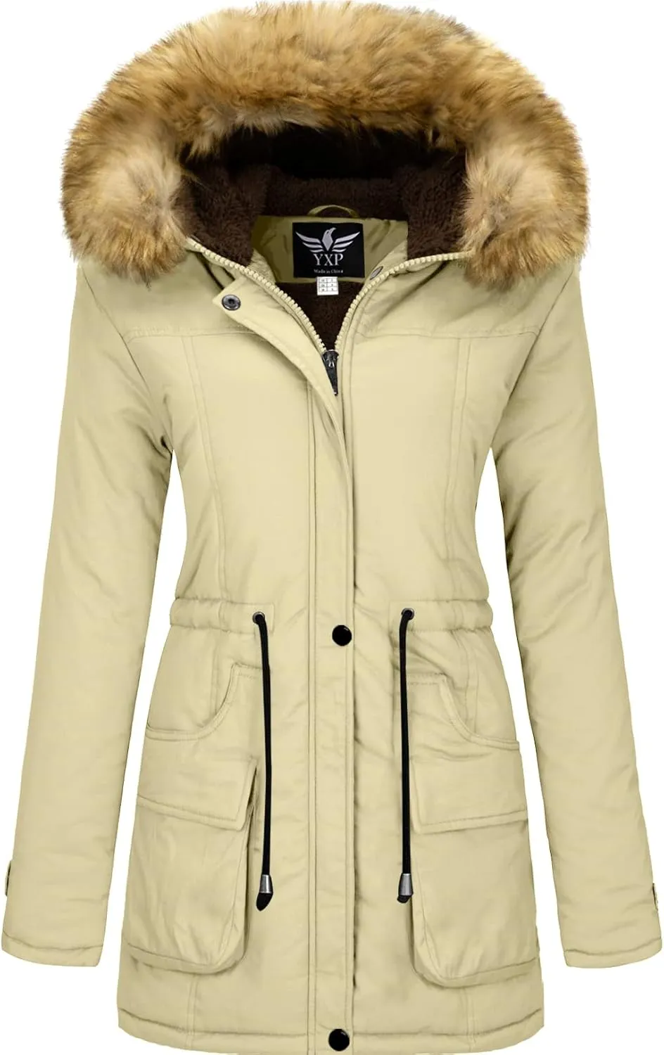 YXP Women's Winter Thicken Military Parka Jacket Warm Fleece Cotton Coat with Fur Hood
