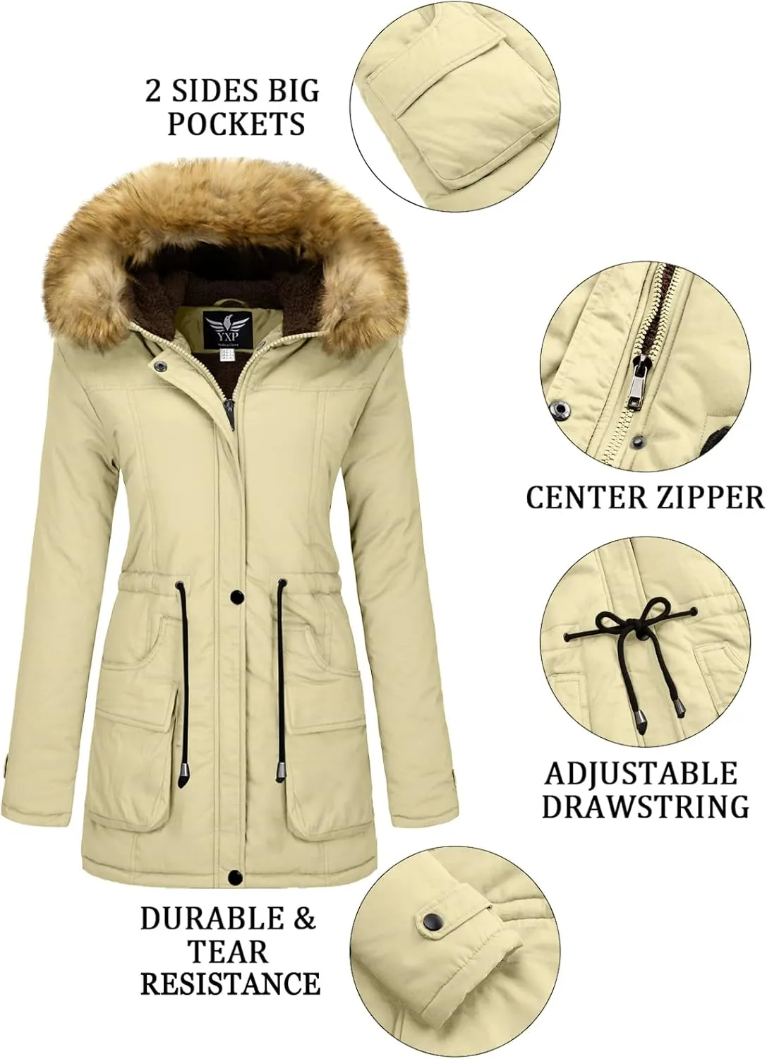 YXP Women's Winter Thicken Military Parka Jacket Warm Fleece Cotton Coat with Fur Hood