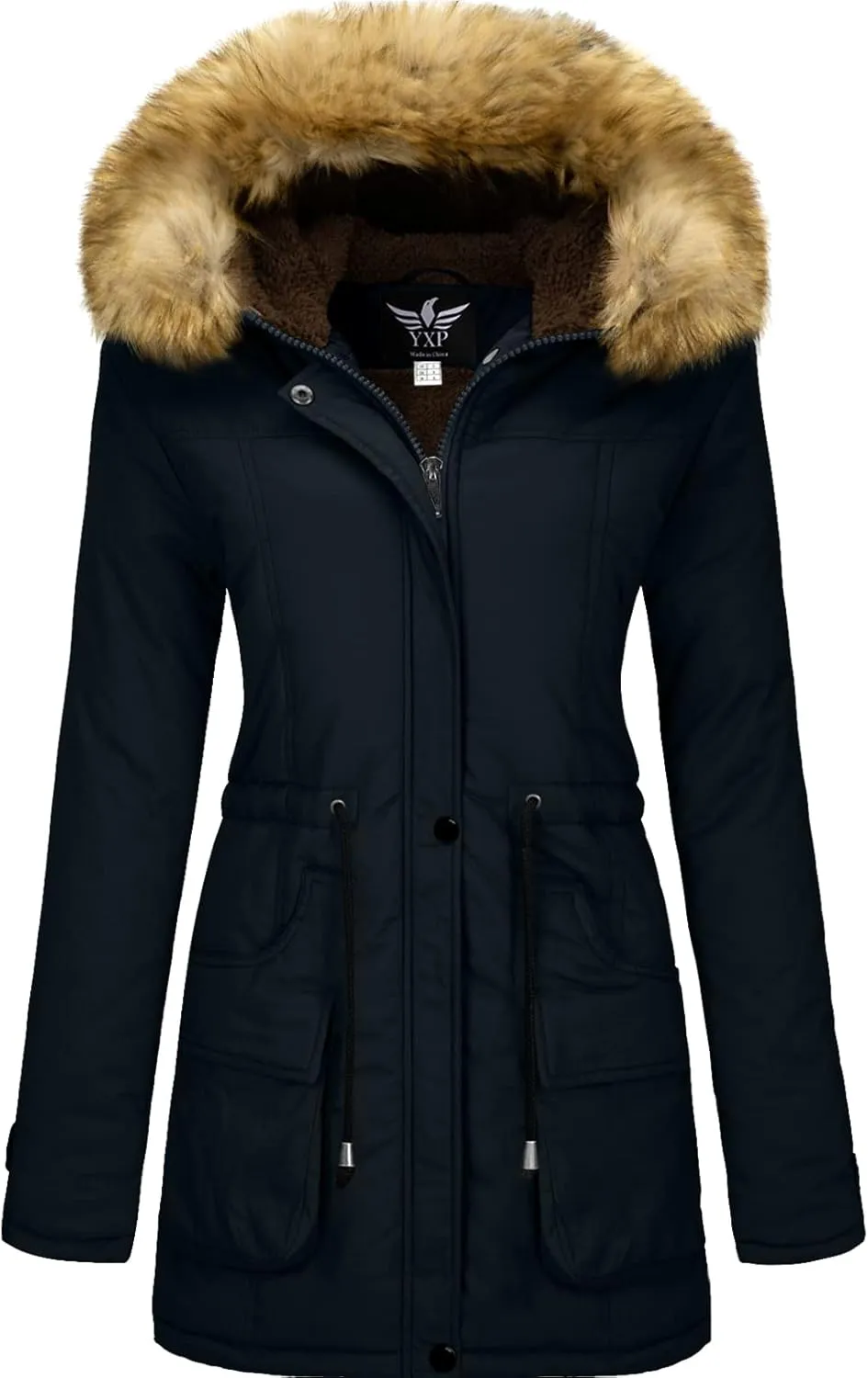 YXP Women's Winter Thicken Military Parka Jacket Warm Fleece Cotton Coat with Fur Hood