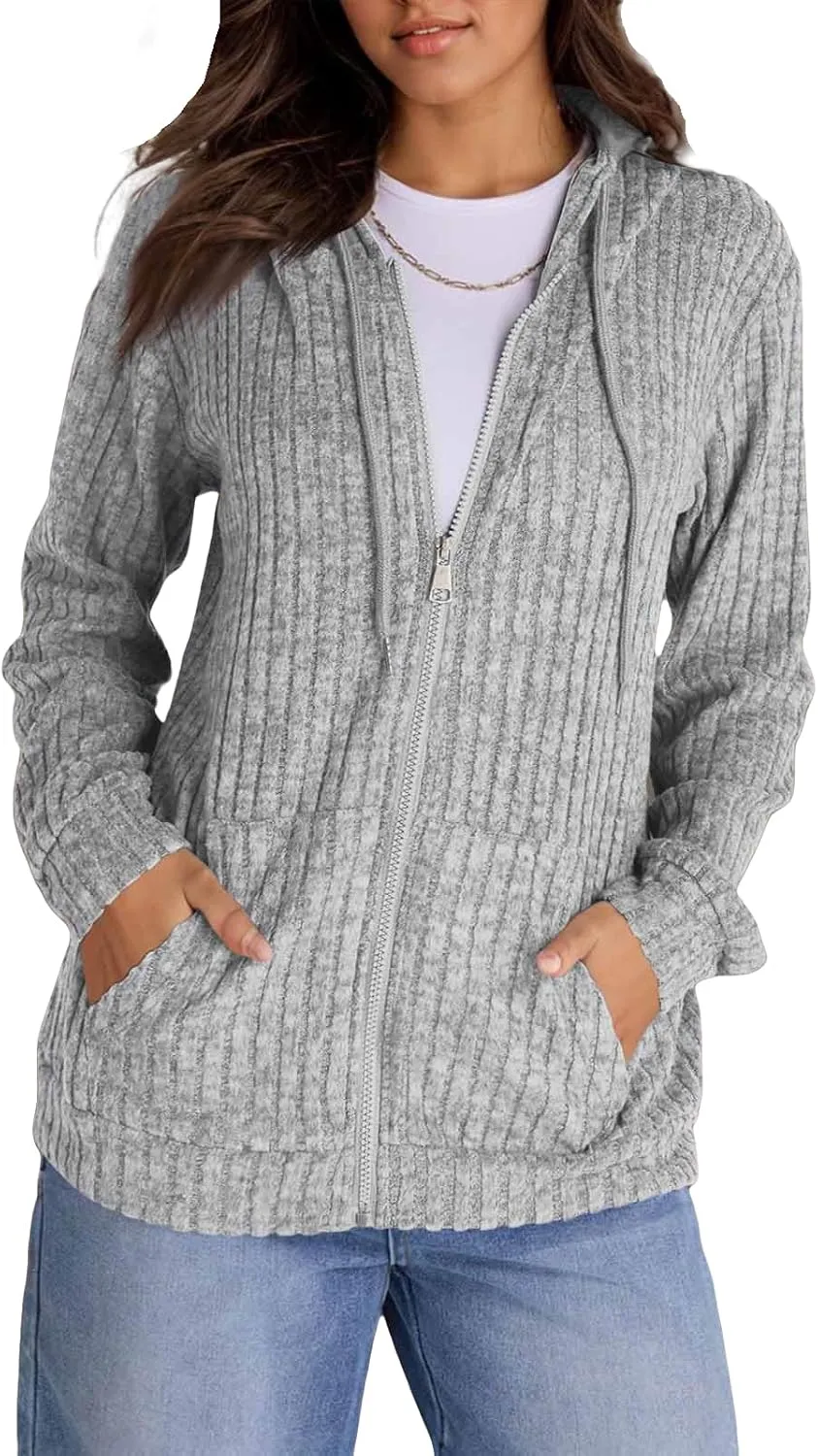 Zip Up Hoodie Women Drawstring Ribbed Knit Sweater Hoodie Long Sleeve Shirt Open Front Cardigan Fall Outfits with Pocket