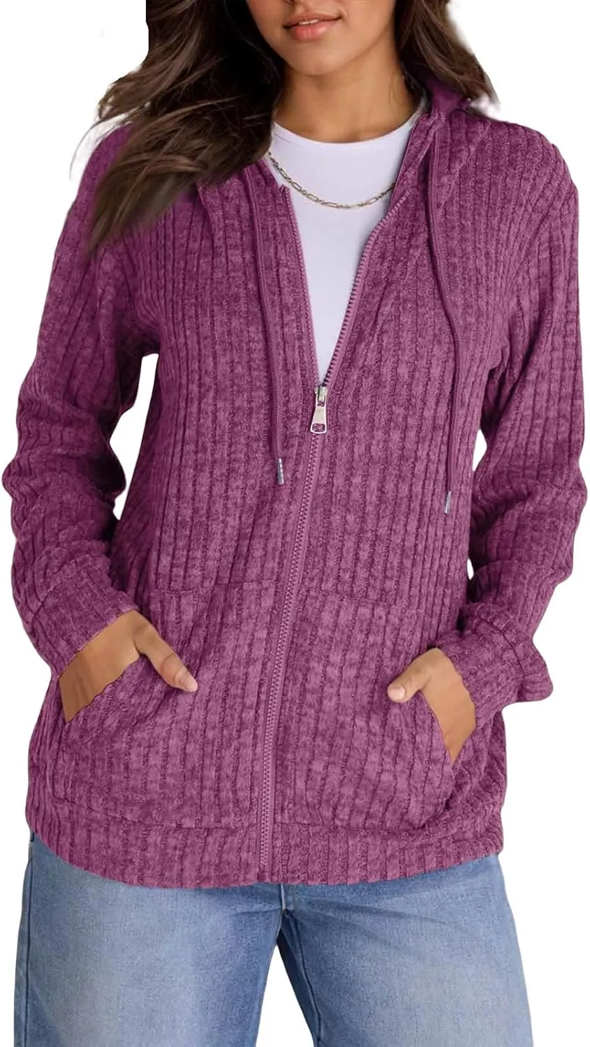 Zip Up Hoodie Women Drawstring Ribbed Knit Sweater Hoodie Long Sleeve Shirt Open Front Cardigan Fall Outfits with Pocket