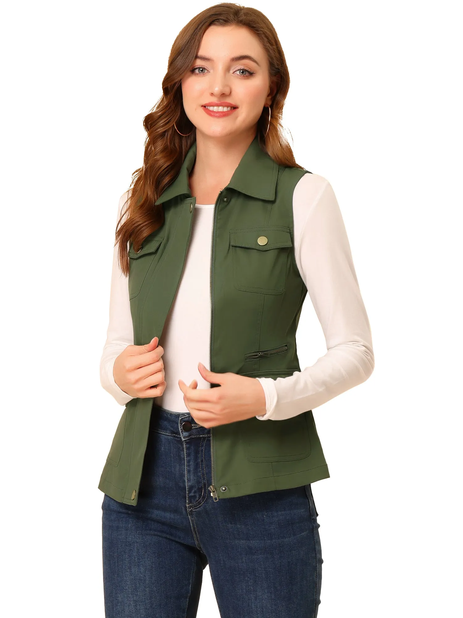 Zip Up Pockets Sleeveless Cargo Jacket Utility Vest