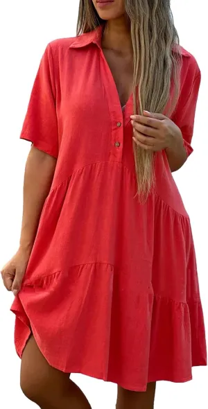 ZYXTIM Cotton Linen Summer Dress for Women V Neck Short Sleeve Lapel Casual Dress Plus Size Cool Dry Beach Cover Up Dress