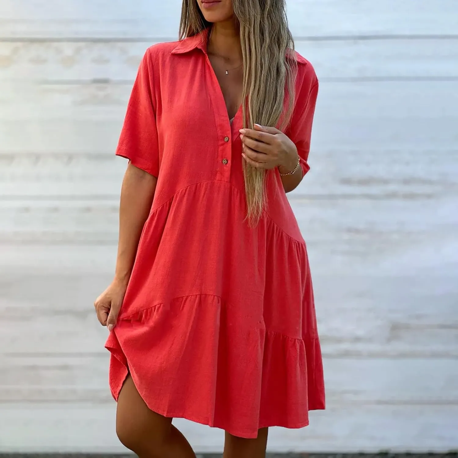 ZYXTIM Cotton Linen Summer Dress for Women V Neck Short Sleeve Lapel Casual Dress Plus Size Cool Dry Beach Cover Up Dress