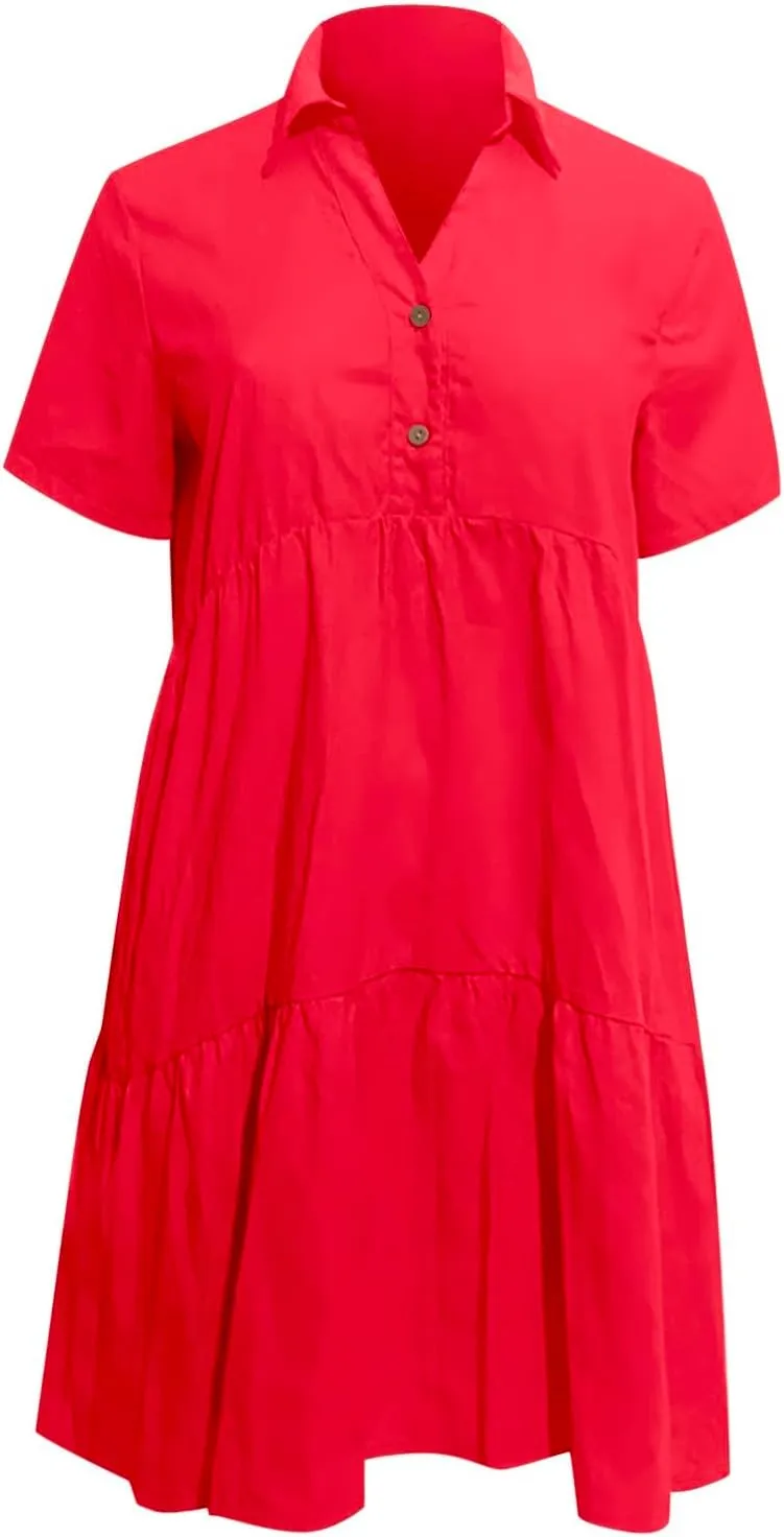 ZYXTIM Cotton Linen Summer Dress for Women V Neck Short Sleeve Lapel Casual Dress Plus Size Cool Dry Beach Cover Up Dress