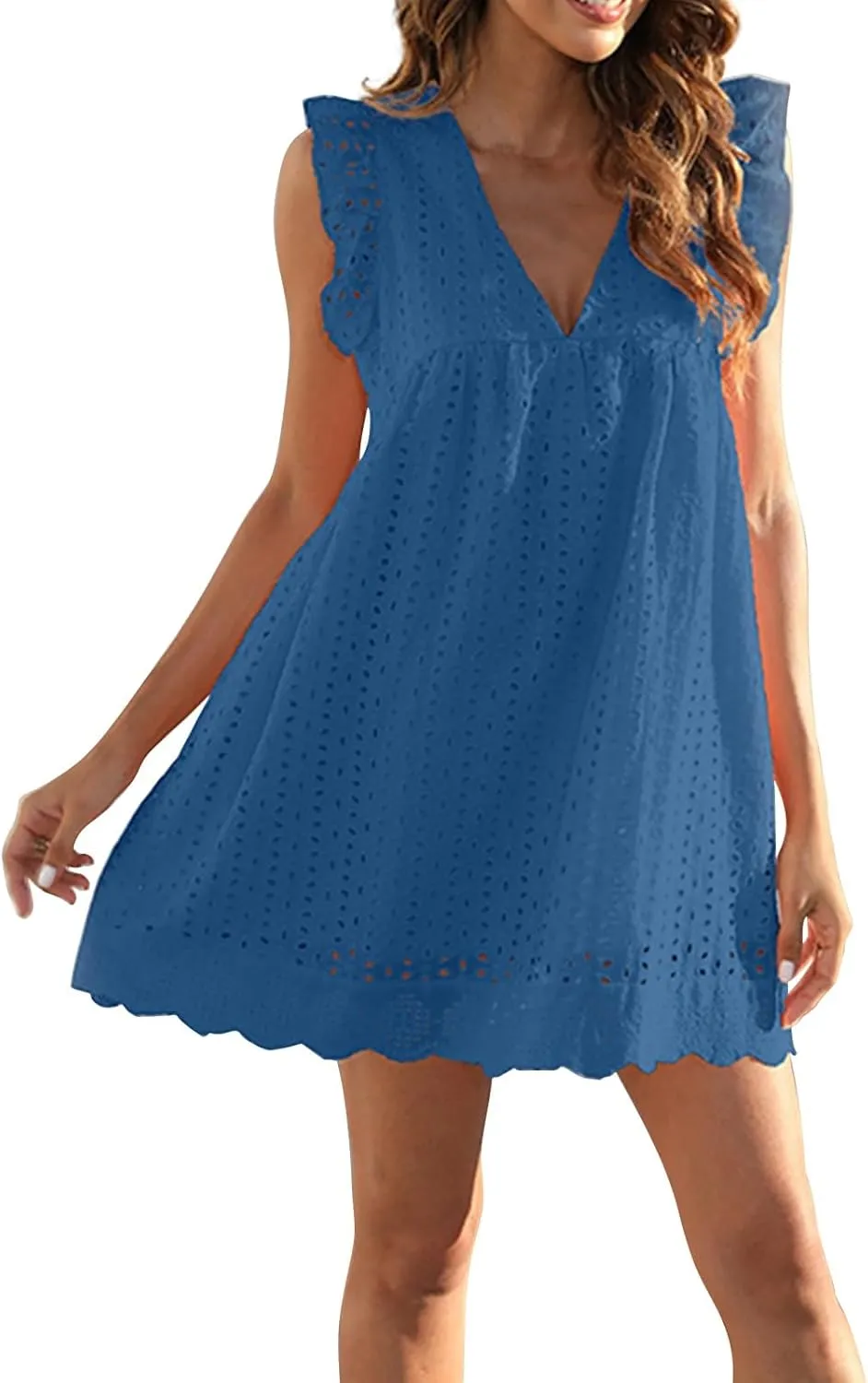 ZYXTIM Summer Dresses for Women 2024 Ruffle Sleeve V-Neck Zipper Back Hollow Out Loose A-Line Cocktail Beach Party Sundress