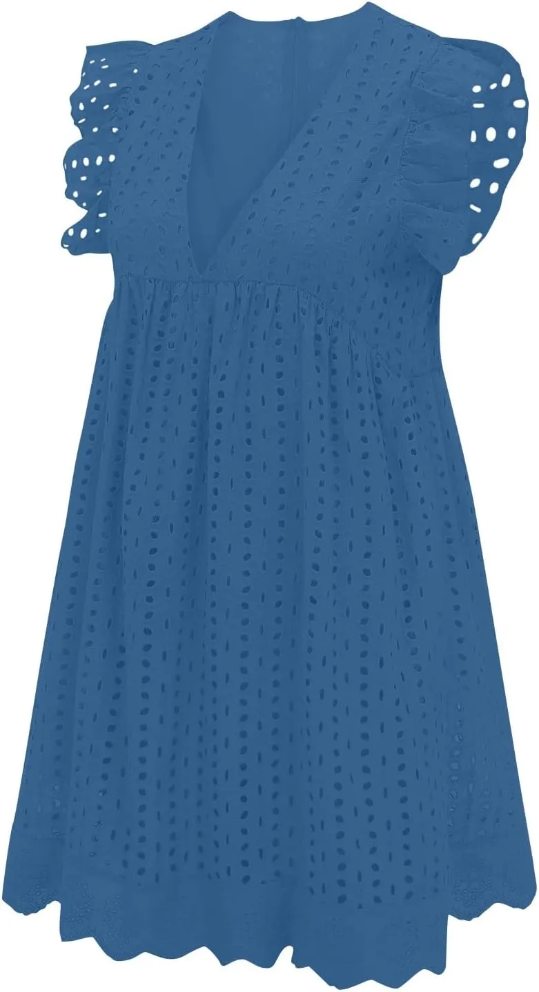 ZYXTIM Summer Dresses for Women 2024 Ruffle Sleeve V-Neck Zipper Back Hollow Out Loose A-Line Cocktail Beach Party Sundress