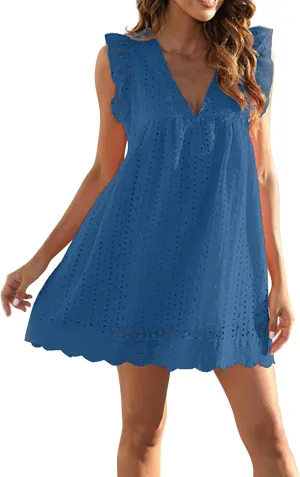 ZYXTIM Summer Dresses for Women 2024 Ruffle Sleeve V-Neck Zipper Back Hollow Out Loose A-Line Cocktail Beach Party Sundress