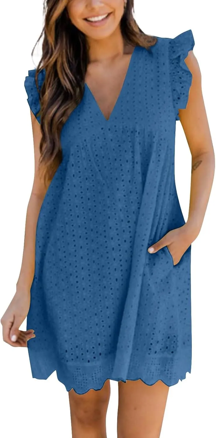 ZYXTIM Summer Dresses for Women 2024 Ruffle Sleeve V-Neck Zipper Back Hollow Out Loose A-Line Cocktail Beach Party Sundress