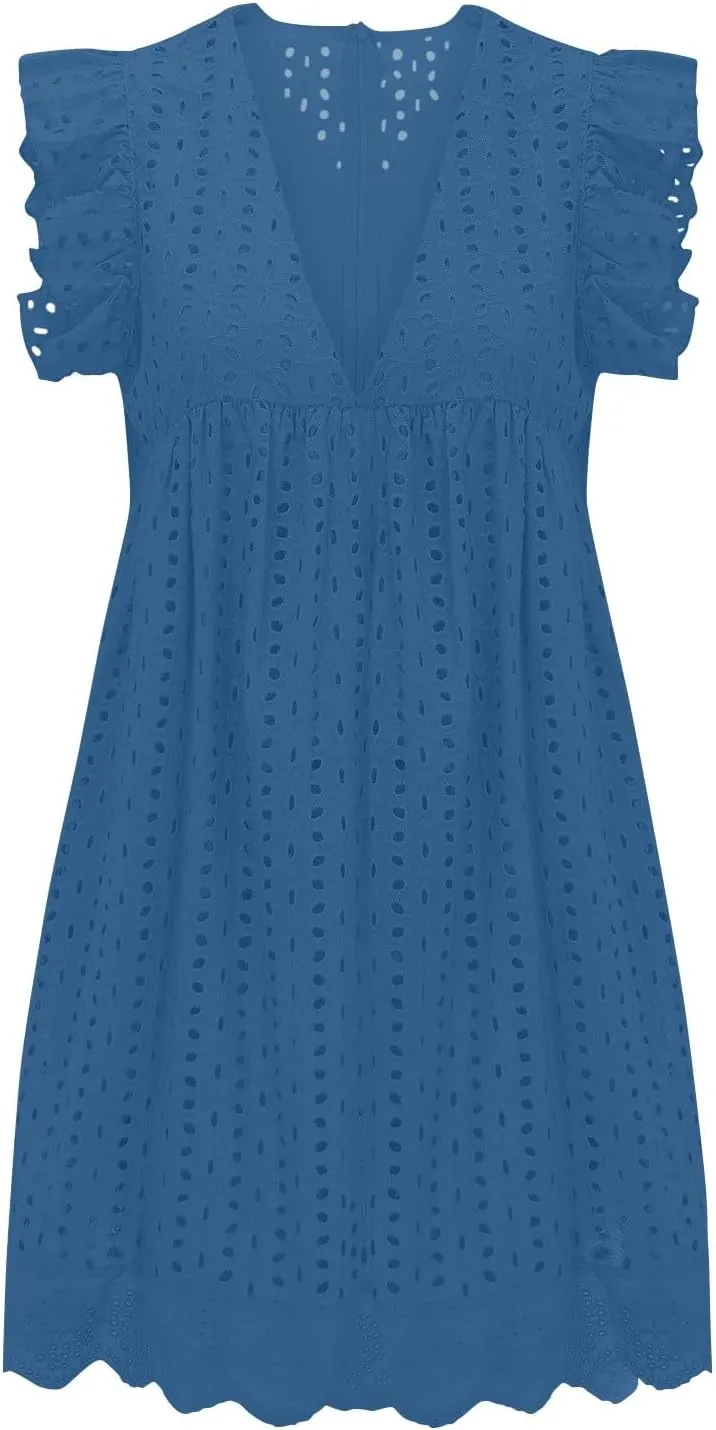 ZYXTIM Summer Dresses for Women 2024 Ruffle Sleeve V-Neck Zipper Back Hollow Out Loose A-Line Cocktail Beach Party Sundress